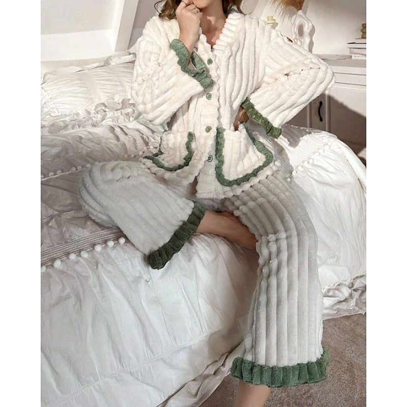 Winifred | Women's Plush Lounge Set – Ruffle Trim Two Piece Pajama Set view 2