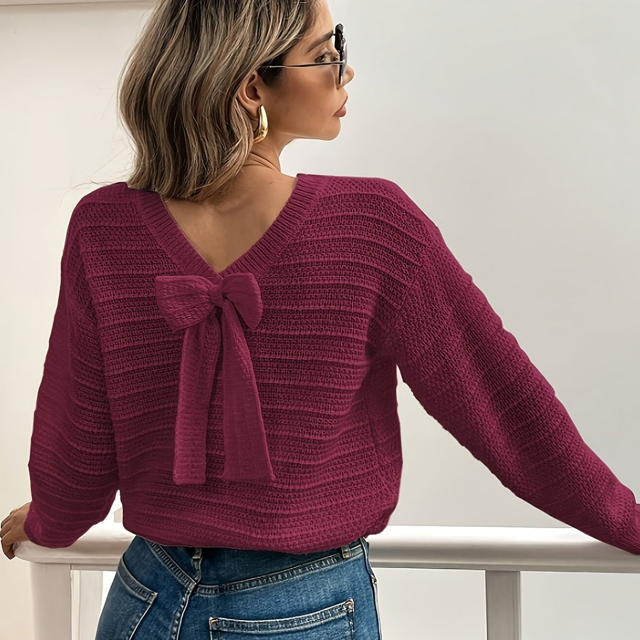 Oriana | Women's V Neck Sweater – Bow Detail Soft Knit Winter Pullover view 7