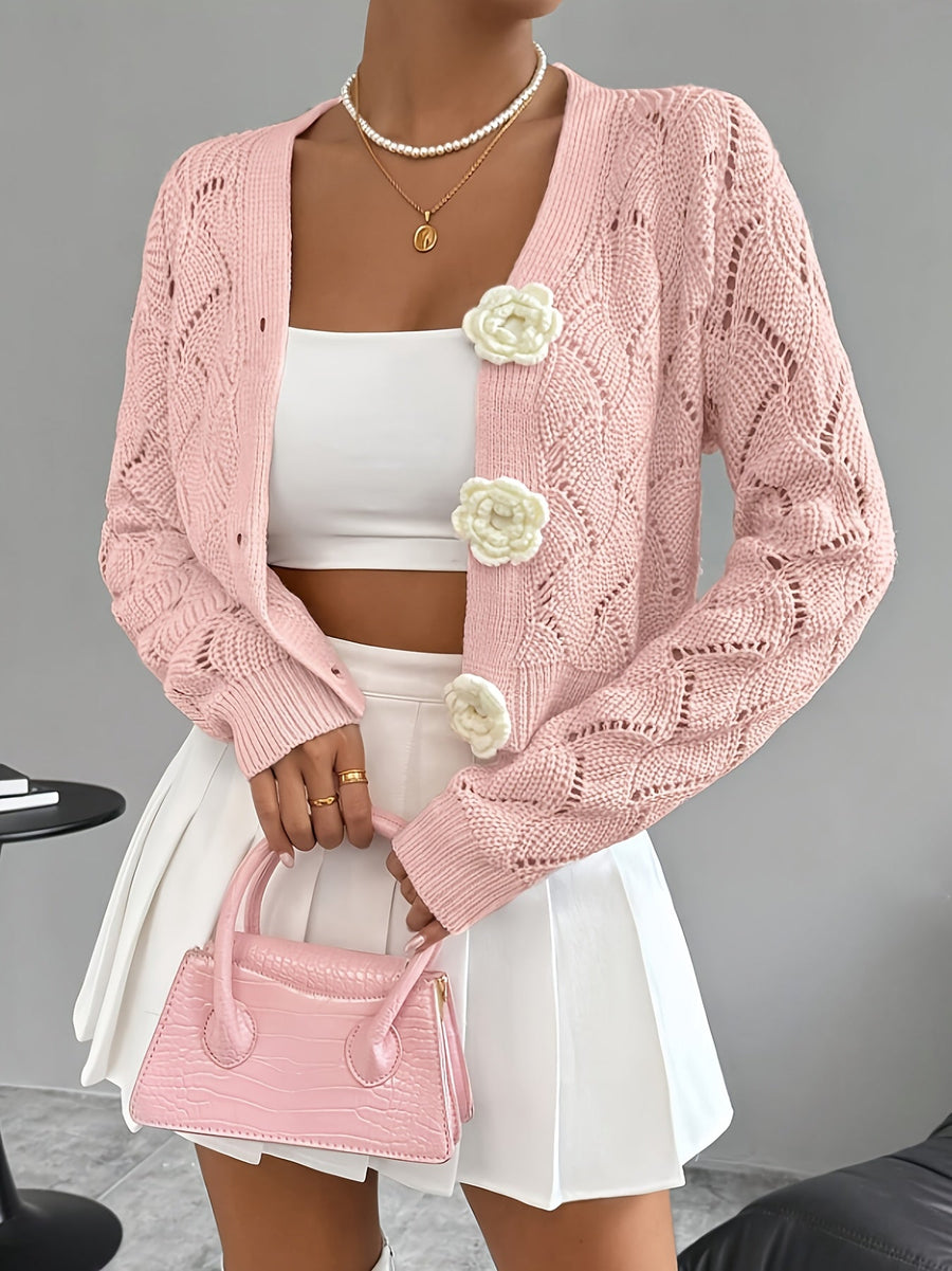 Heidi | Women's Winter Cardigan – Crochet Knit 3D Floral Buttons view 2