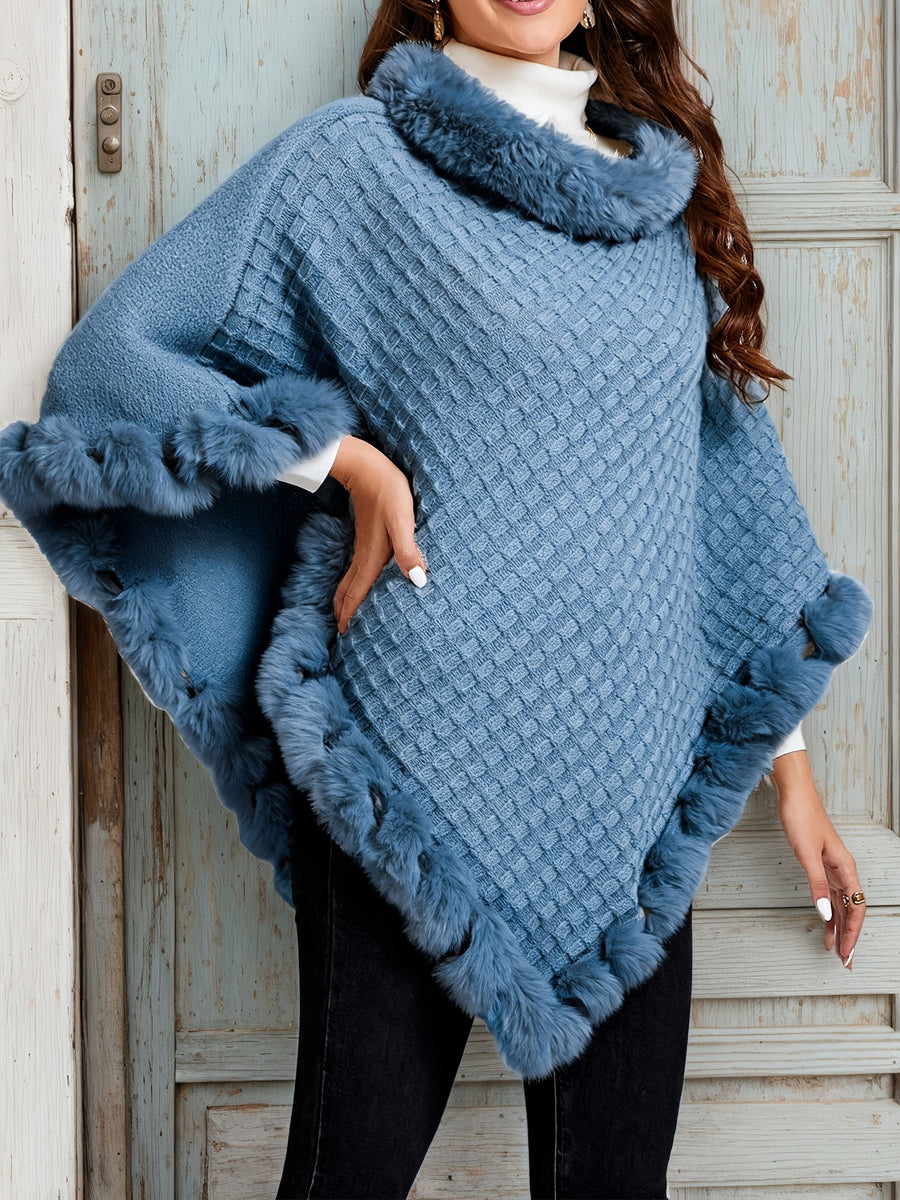 Willow | Women's Poncho Sweater – Fur Trim Cozy Knit Winter Wrap view 2