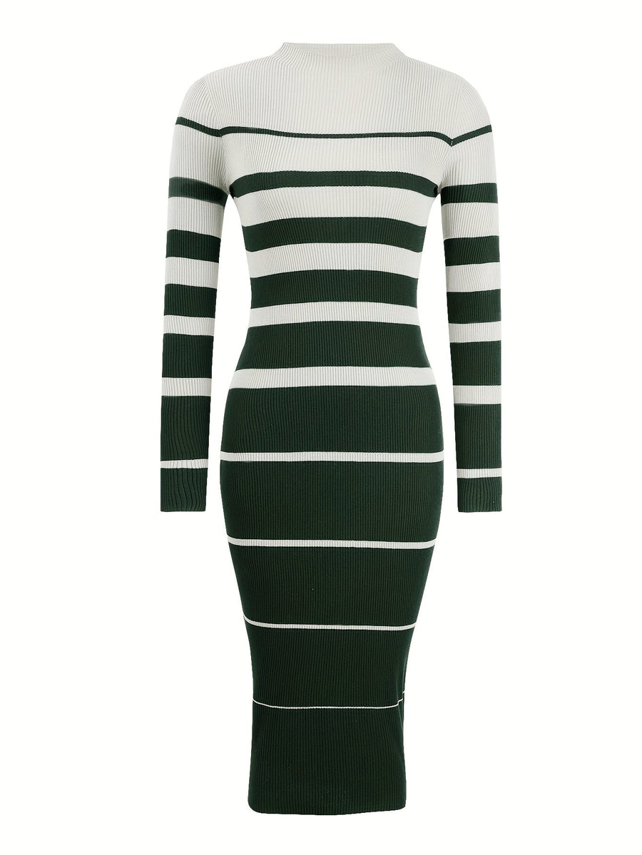 Saskia | Women's Striped Sweater Dress – Fitted Knit Long Sleeve Dress view 14