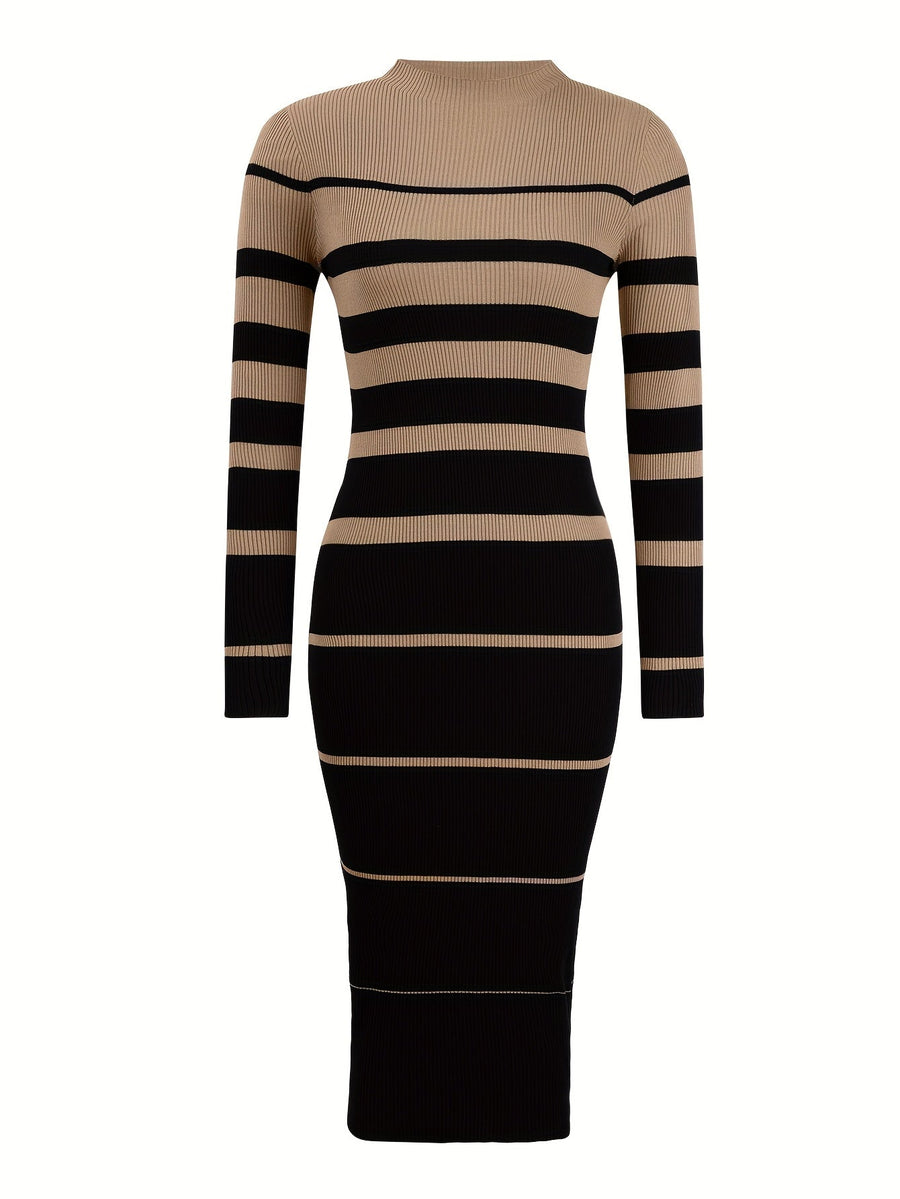 Saskia | Women's Striped Sweater Dress – Fitted Knit Long Sleeve Dress view 6