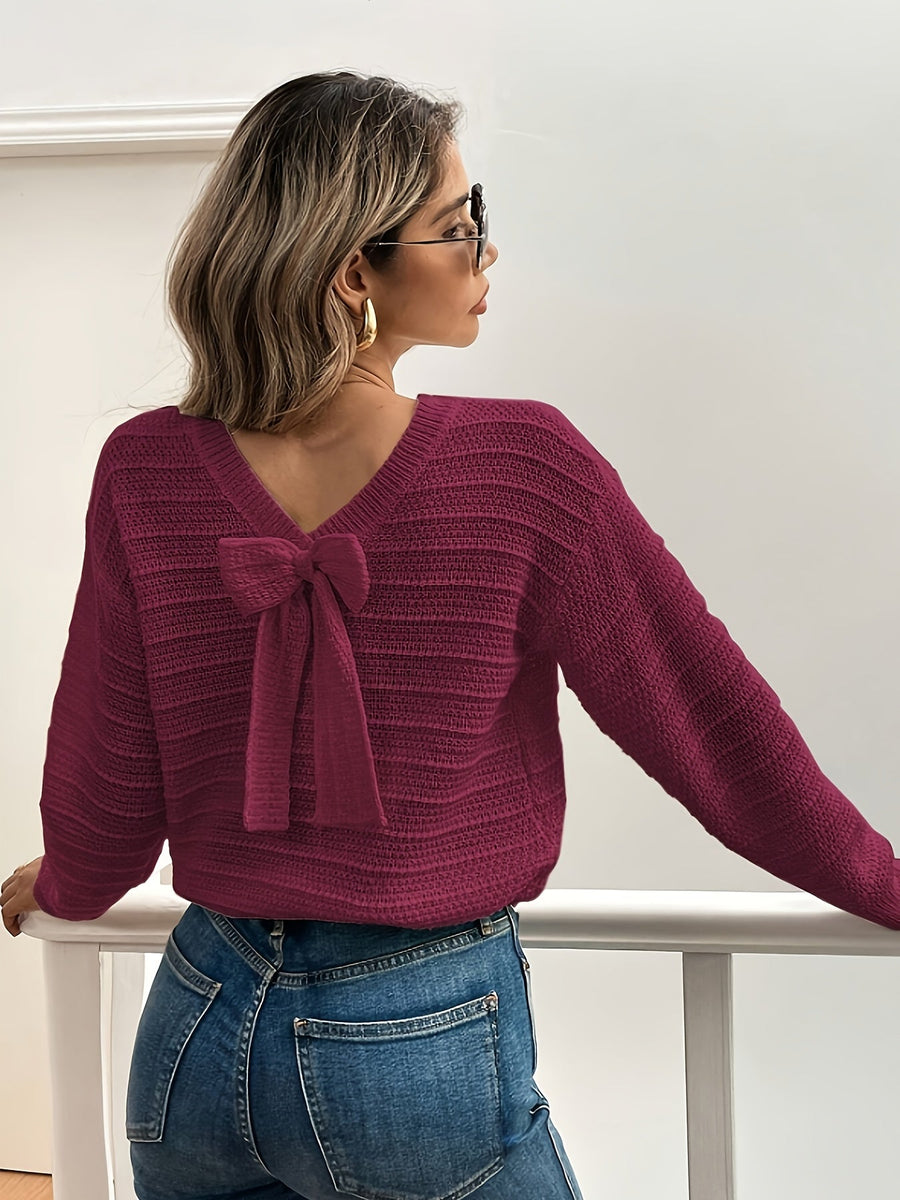 Oriana | Women's V Neck Sweater – Bow Detail Soft Knit Winter Pullover view 8