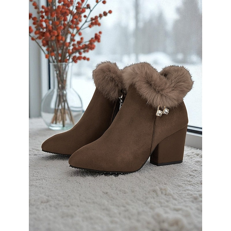 Claire | Women's Fur Trim Ankle Boots – Block Heel Winter Booties view 1