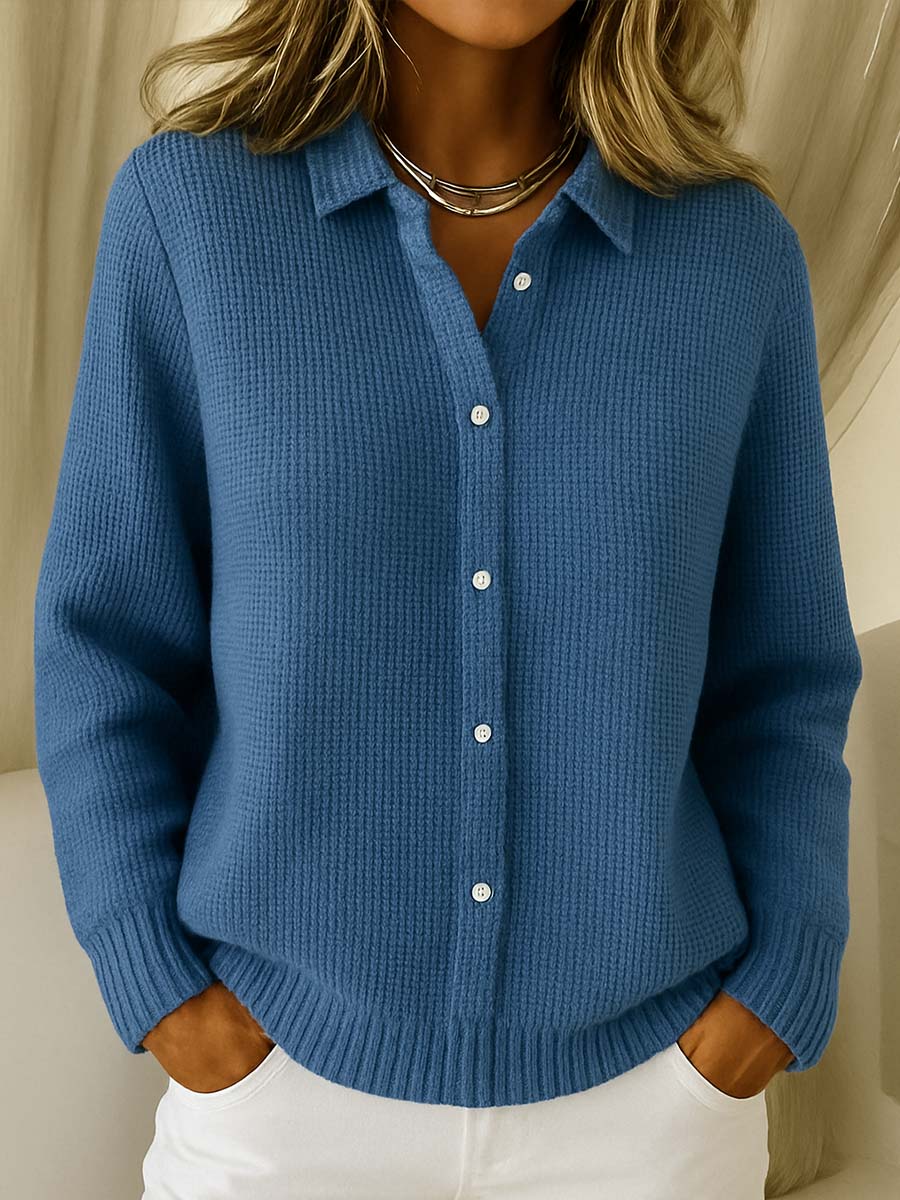 Maisie | Women's Winter Cardigan – Waffle Knit Button-Up Collar Long view 4