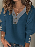 Deirdre | Women's V Neck Sweater – Button Trim Soft Knit Pullover