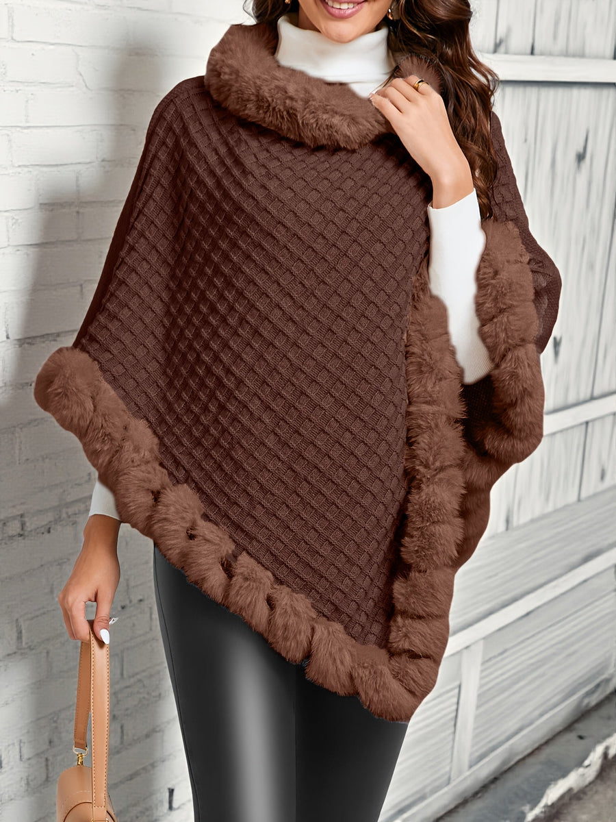 Willow | Women's Poncho Sweater – Fur Trim Cozy Knit Winter Wrap view 3