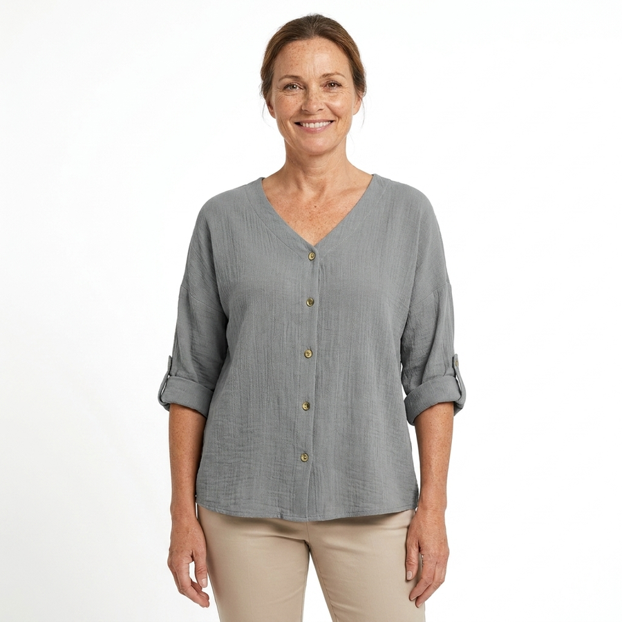 Zane | Women's Soft V-Neck Blouse | Relaxed Fit Summer Top with Roll Sleeves view 2