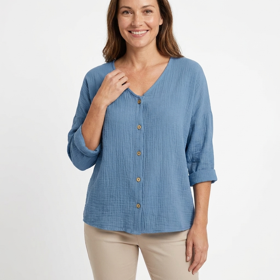 Zane | Women's Soft V-Neck Blouse | Relaxed Fit Summer Top with Roll Sleeves view 3