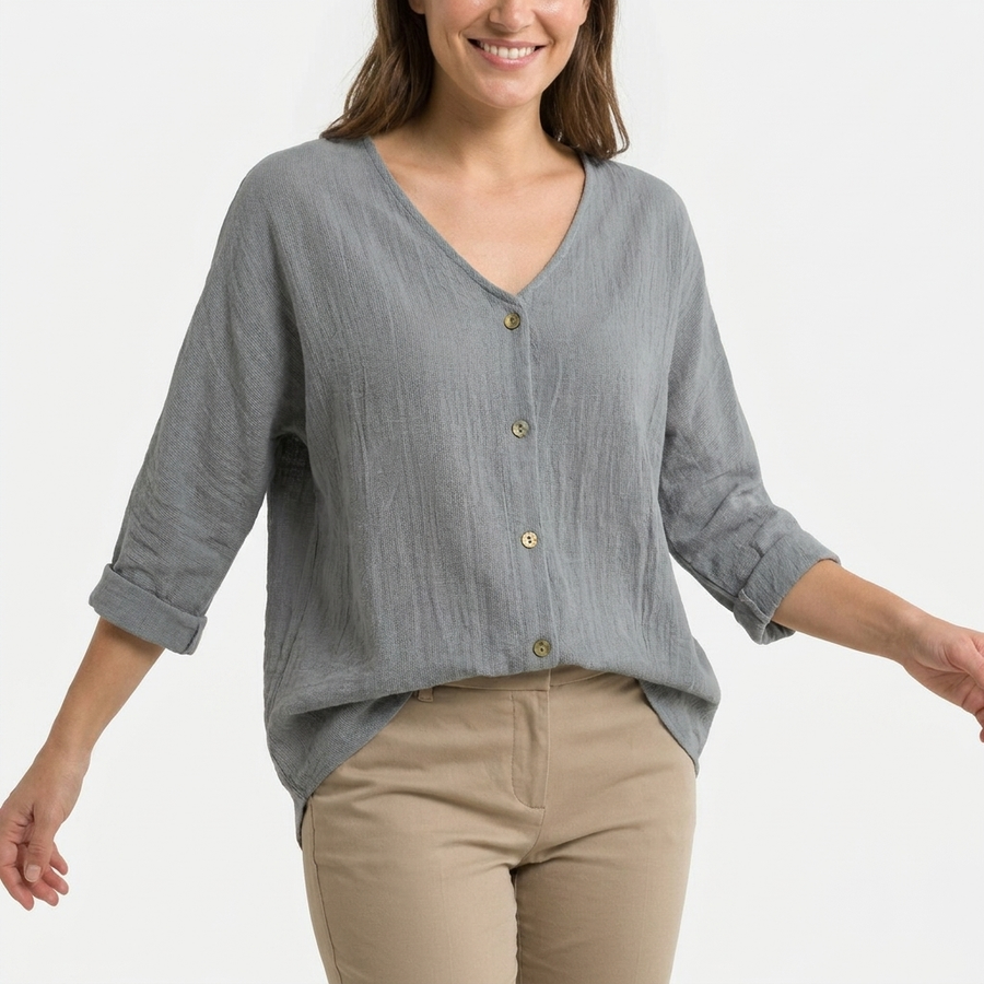 Zane | Women's Soft V-Neck Blouse | Relaxed Fit Summer Top with Roll Sleeves view 4