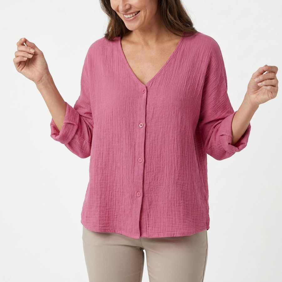 Zane | Women's Soft V-Neck Blouse | Relaxed Fit Summer Top with Roll Sleeves view 5