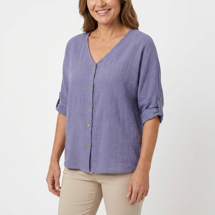 Zane | Women's Soft V-Neck Blouse | Relaxed Fit Summer Top with Roll Sleeves view 6