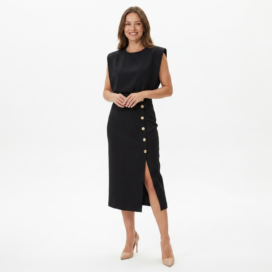 Wonda | Women's Elegant Midi Dress | Flattering Black Formal Dress for Various Occasions view 2