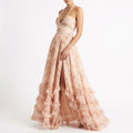 Women's Elegant Peach Tapestry Dress | Graceful Halter Neck Cocktail Gown
