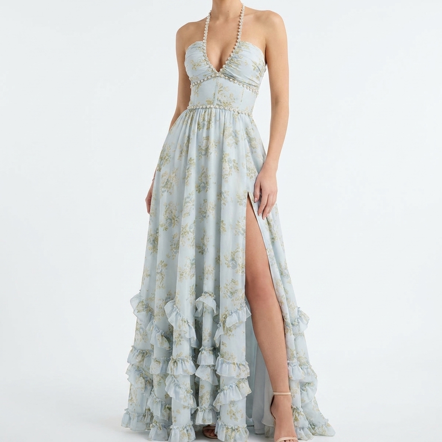 Women's Elegant Peach Tapestry Dress | Graceful Halter Neck Cocktail Gown view 2