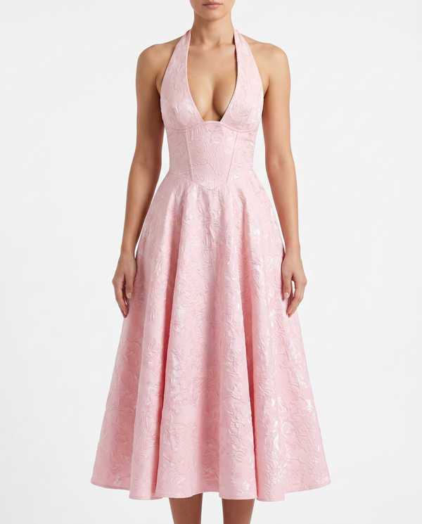 Women's Textured Jacquard Maxi Dress | Elegant Halterneck Sleeveless Summer Gown