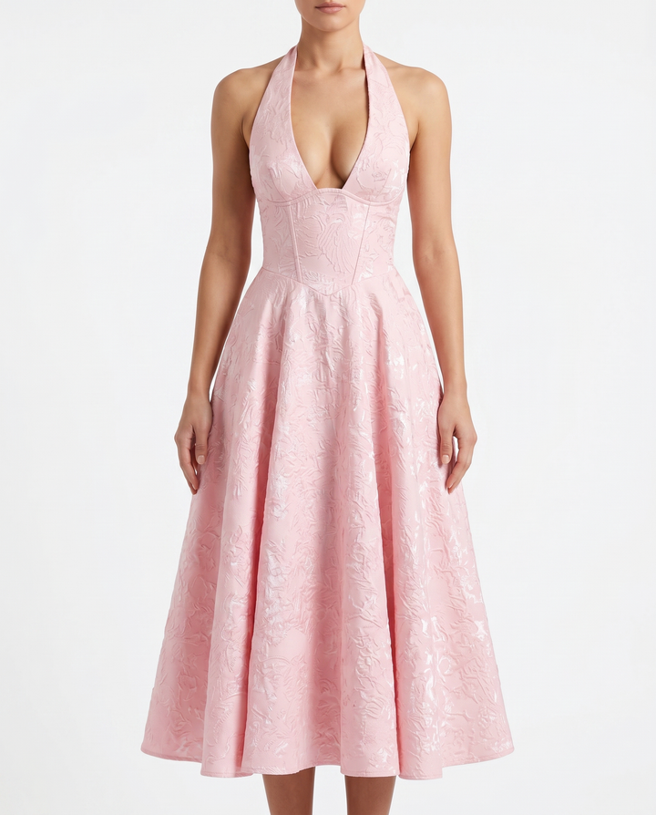 Women's Textured Jacquard Maxi Dress | Elegant Halterneck Sleeveless Summer Gown