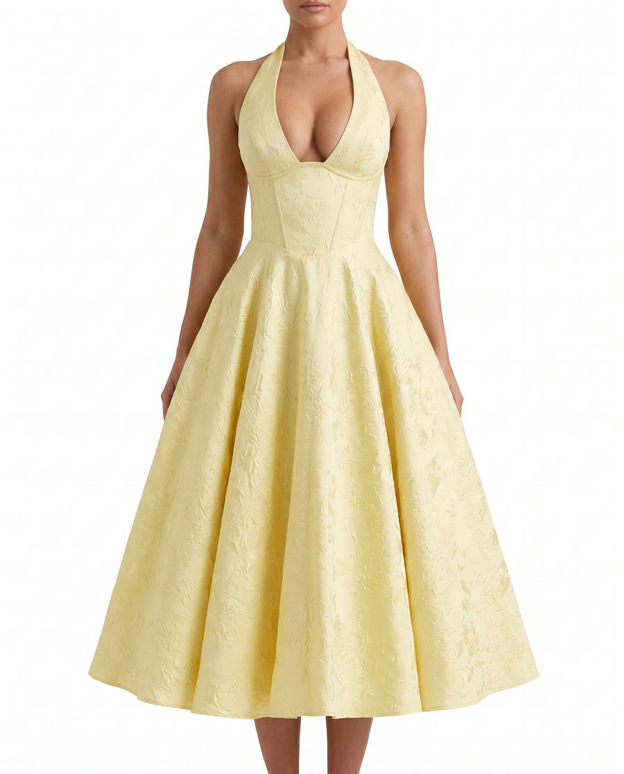 Women's Textured Jacquard Maxi Dress | Elegant Halterneck Sleeveless Summer Gown view 3