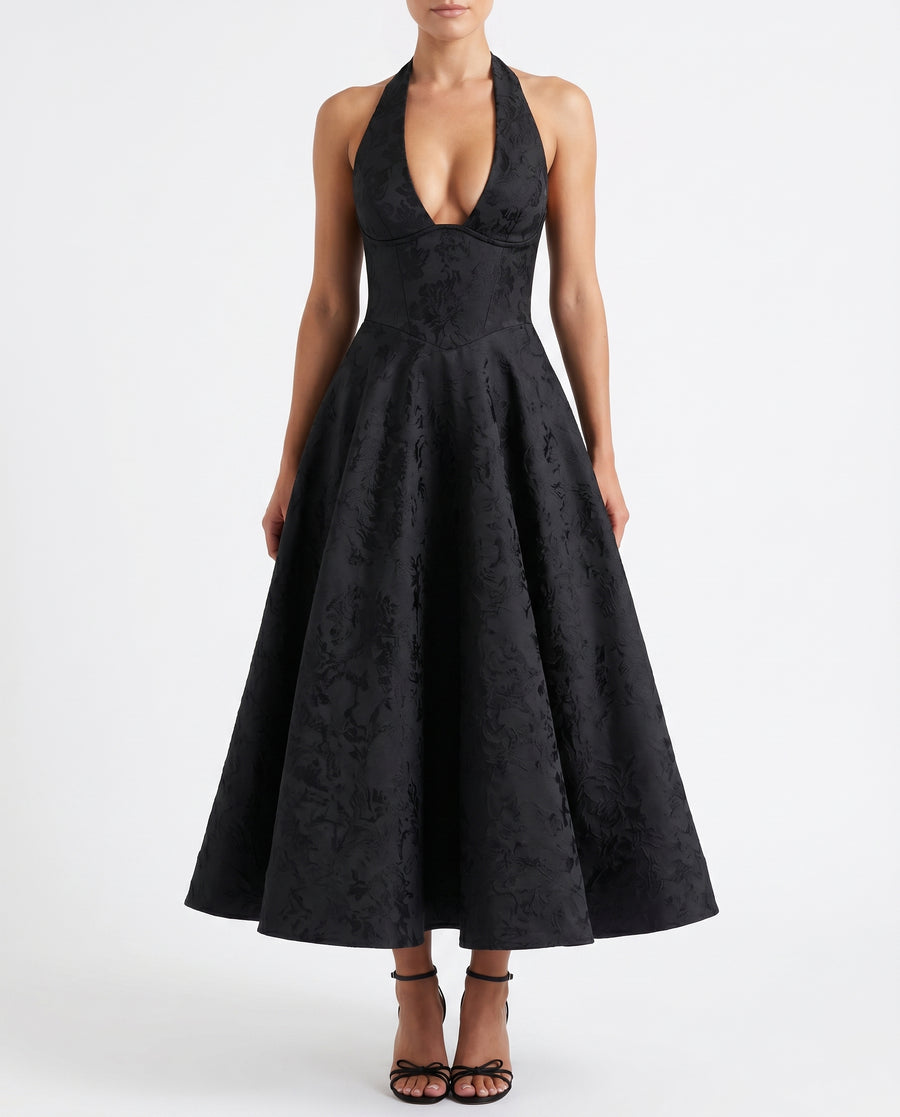 Women's Textured Jacquard Maxi Dress | Elegant Halterneck Sleeveless Summer Gown view 5