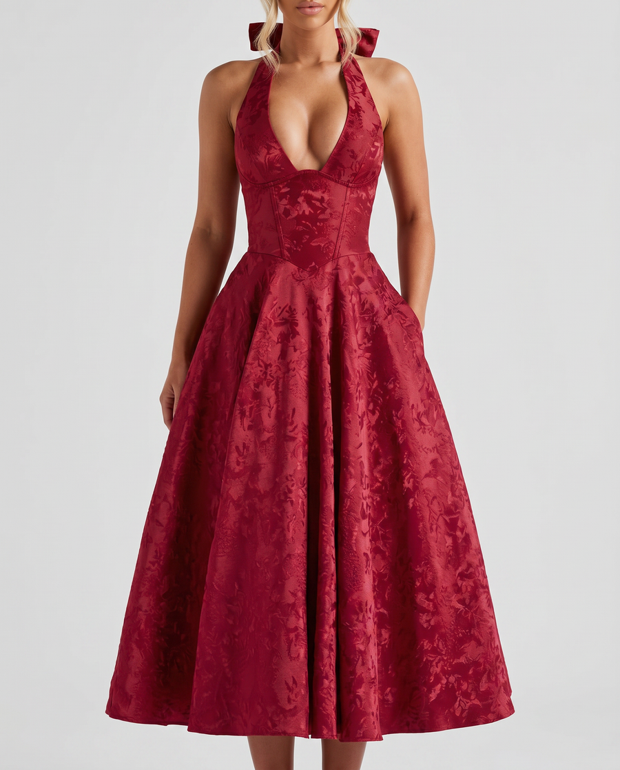 Women's Textured Jacquard Maxi Dress | Elegant Halterneck Sleeveless Summer Gown view 2