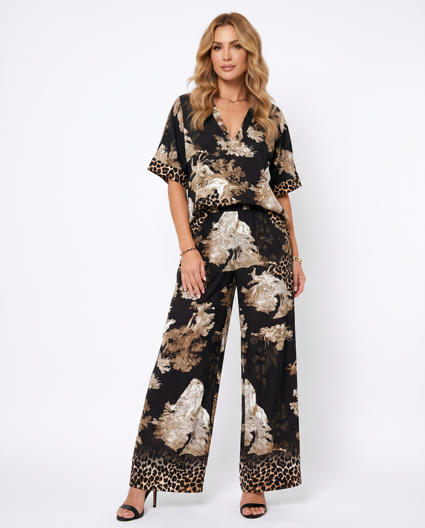 Women's Lightweight Printed V-Neck Top and Pants Set | Elegant Plus Size Summer Outfit
