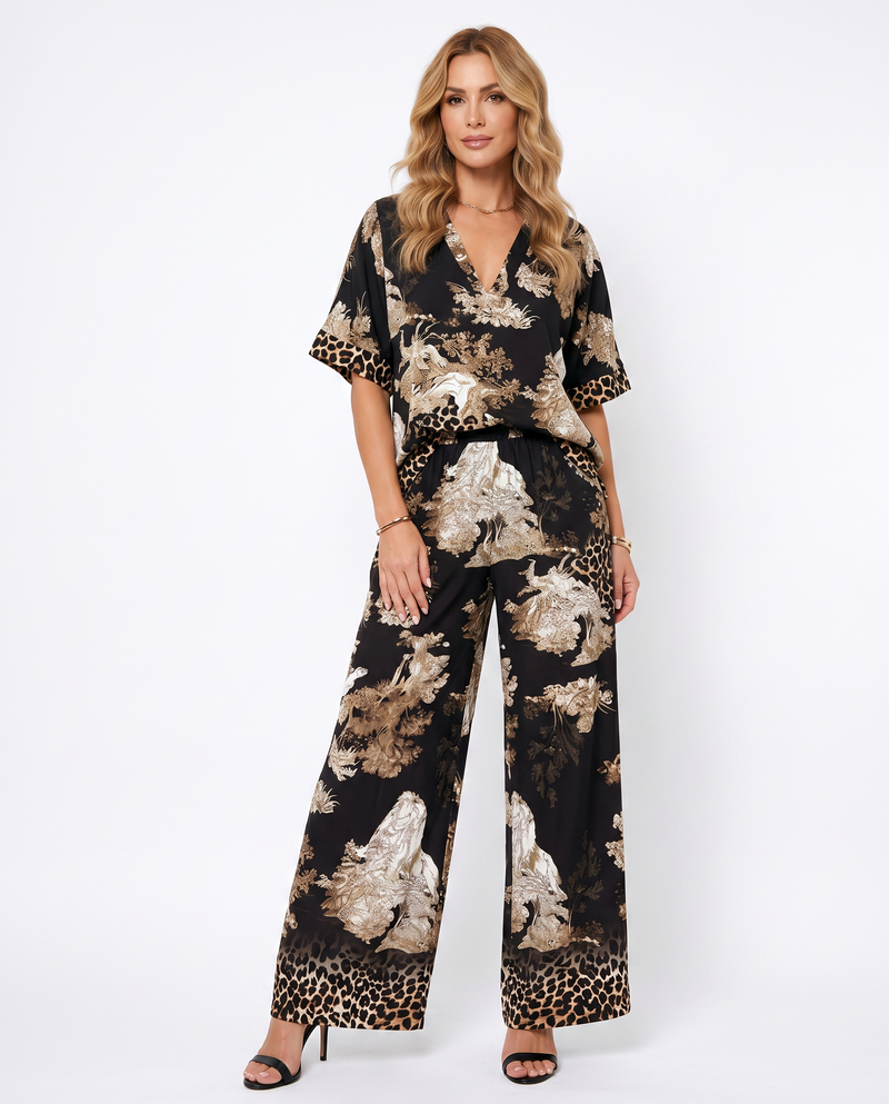 Women's Lightweight Printed V-Neck Top and Pants Set | Elegant Plus Size Summer Outfit
