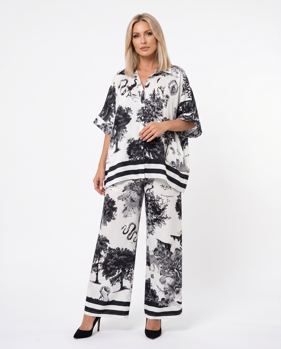 Women's Lightweight Printed V-Neck Top and Pants Set | Elegant Plus Size Summer Outfit view 2