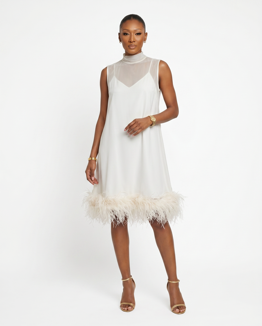 Women's Luxurious Feather Hem Midi Dress