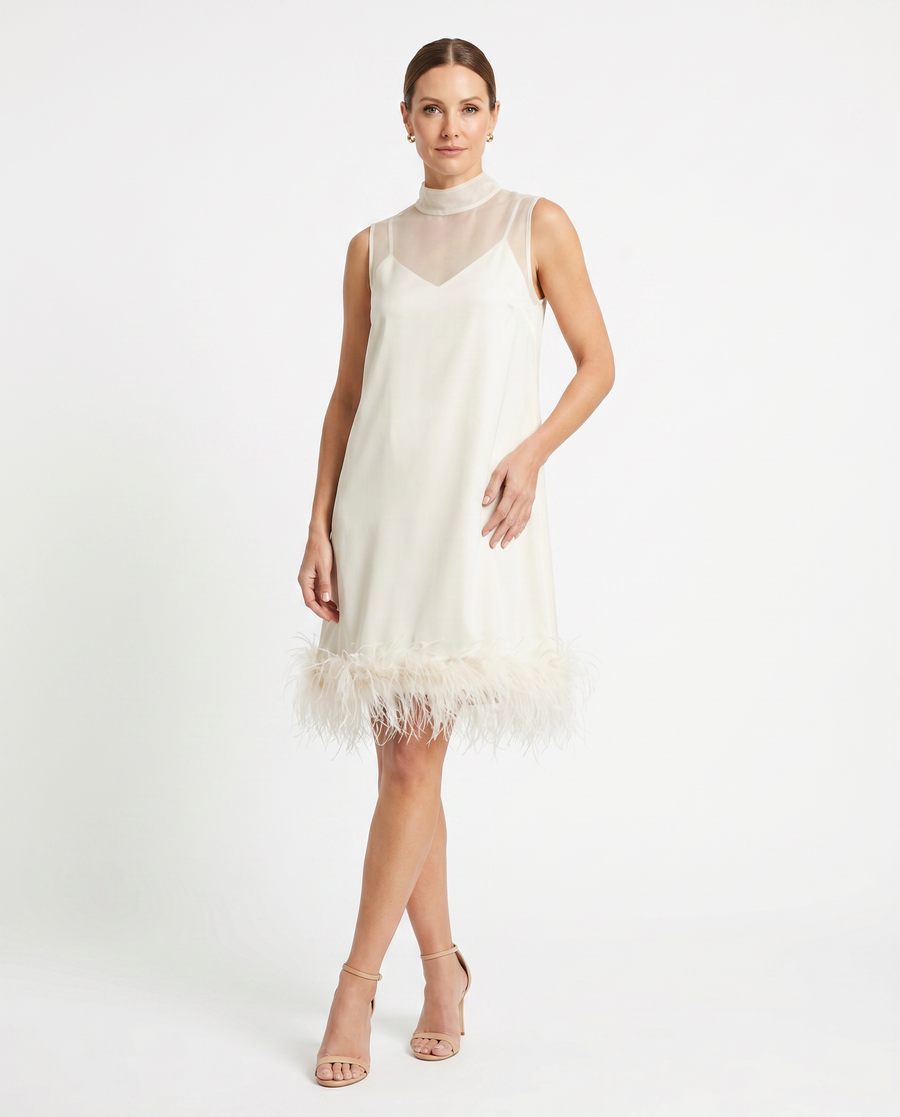 Women's Luxurious Feather Hem Midi Dress | Elegant Sleeveless Cocktail Gown view 2