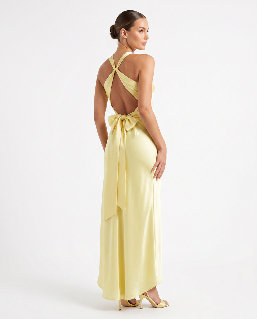 Women's Lustrous V-Neck Maxi Dress | Elegant Bow-Back Formal Gown view 2