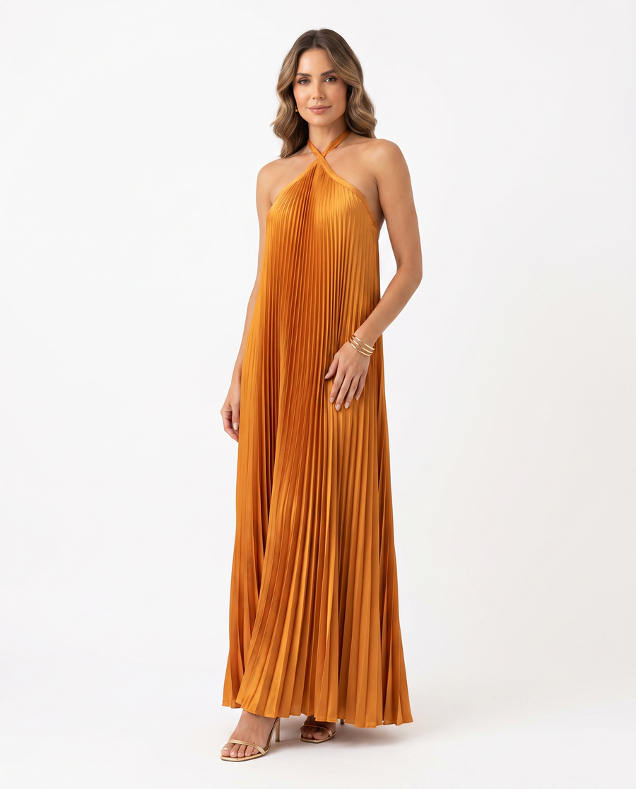 Women's Pleated Maxi Dress | Elegant Halter Neck Summer Gown view 2