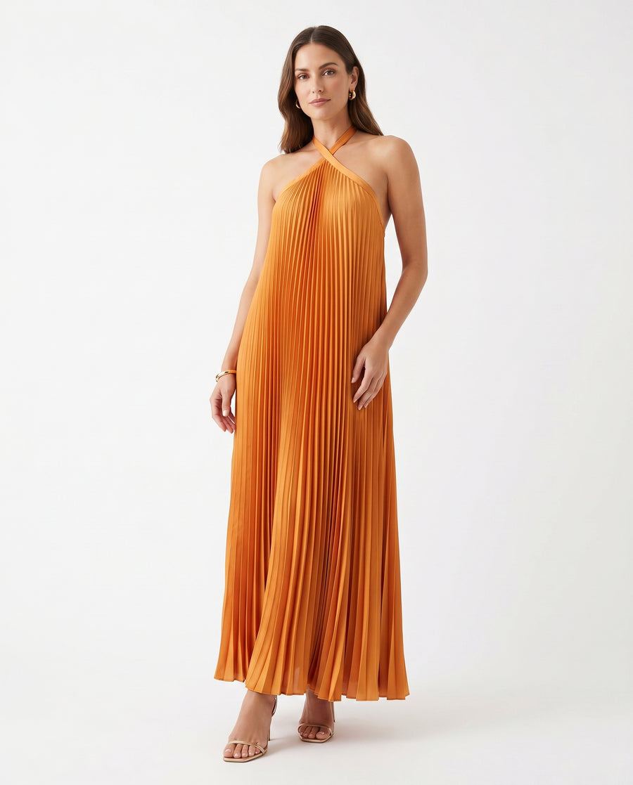Women's Pleated Maxi Dress | Elegant Halter Neck Summer Gown view 1