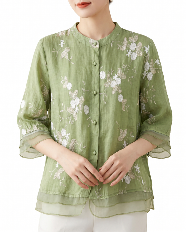 Dondi | Women's Breathable Cotton Blouse | Elegant Floral Embroidery Summer Top
