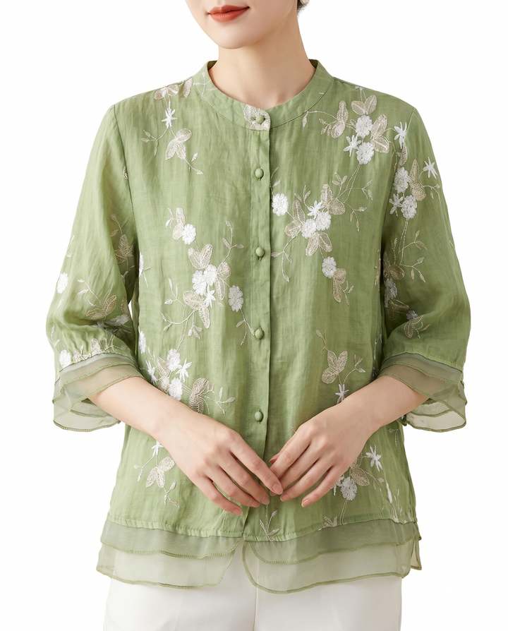 Dondi | Women's Breathable Cotton Blouse | Elegant Floral Embroidery Summer Top
