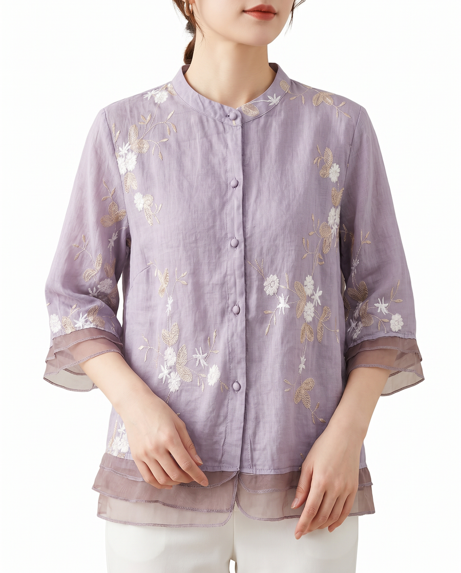 Dondi | Women's Breathable Cotton Blouse | Elegant Floral Embroidery Summer Top view 3