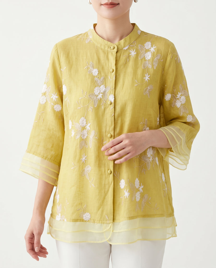 Dondi | Women's Breathable Cotton Blouse | Elegant Floral Embroidery Summer Top view 4