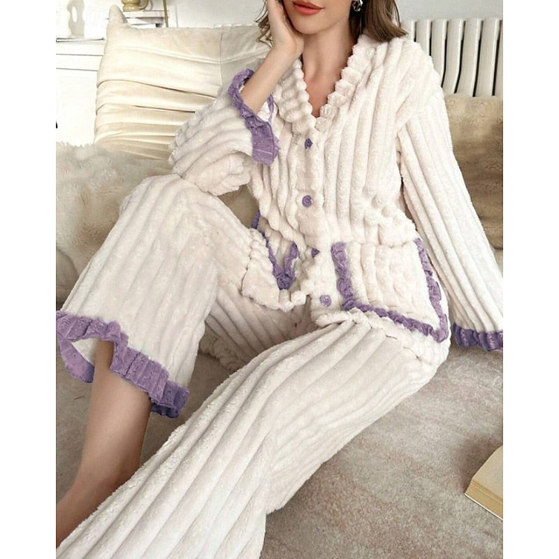Winifred | Women's Plush Lounge Set – Ruffle Trim Two Piece Pajama Set view 7