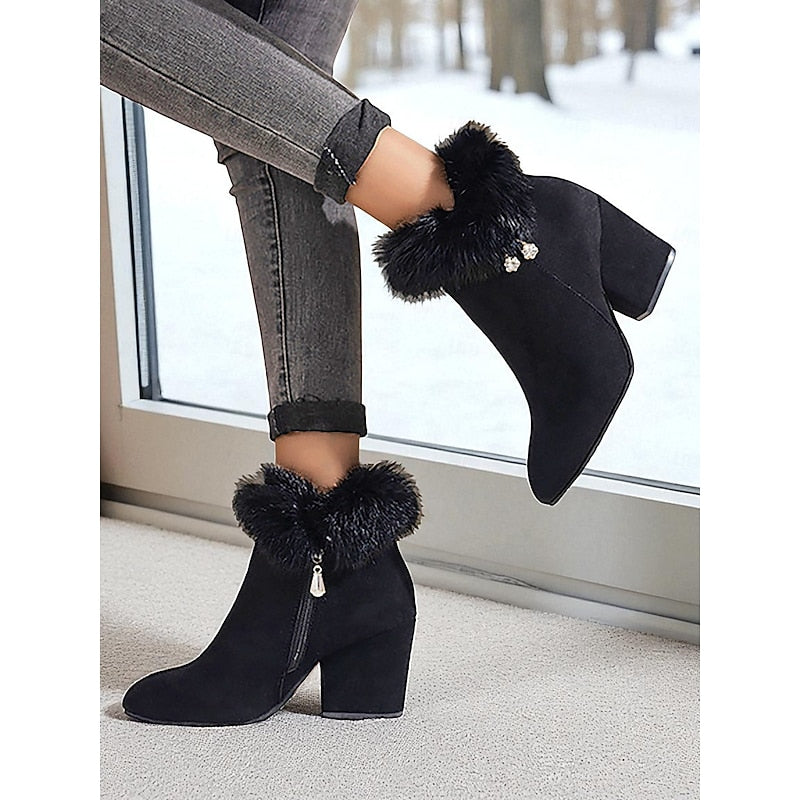 Claire | Women's Fur Trim Ankle Boots – Block Heel Winter Booties view 10