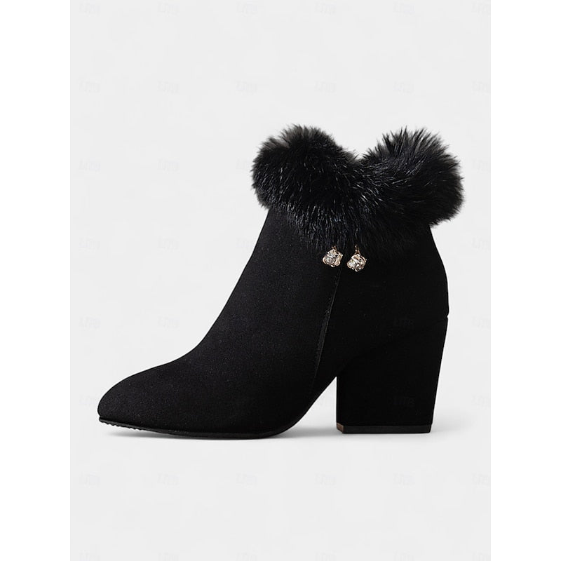 Claire | Women's Fur Trim Ankle Boots – Block Heel Winter Booties view 11