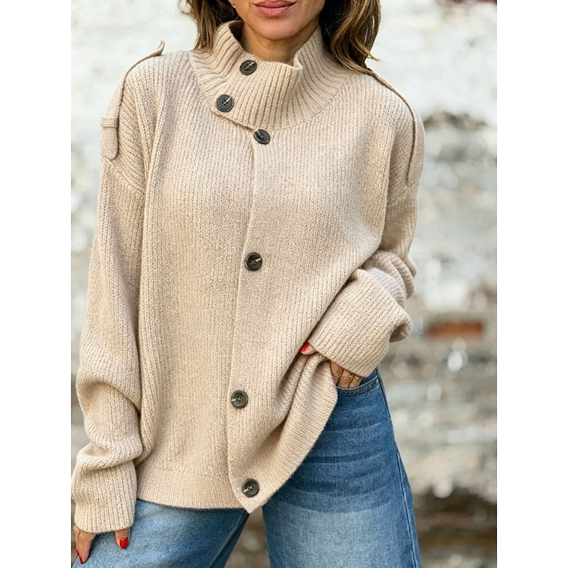 Diane | Women's Winter Cardigan – Button-Front Stand Collar Ribbed Knit view 4