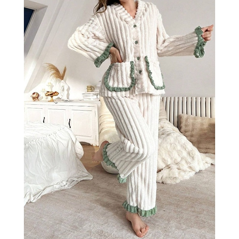 Winifred | Women's Plush Lounge Set – Ruffle Trim Two Piece Pajama Set view 10