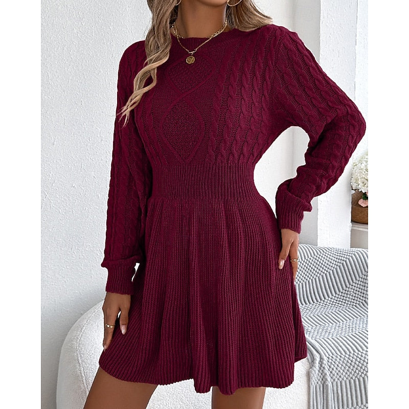 Whitney | Women's Cable Knit Sweater Dress – Fitted Waist Midi Winter Dress view 7