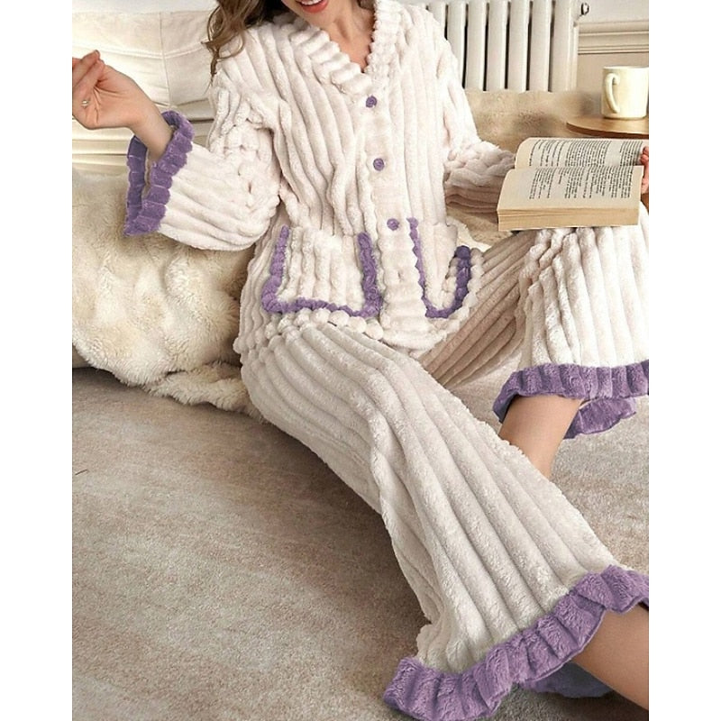 Winifred | Women's Plush Lounge Set – Ruffle Trim Two Piece Pajama Set view 1
