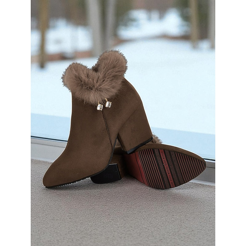 Claire | Women's Fur Trim Ankle Boots – Block Heel Winter Booties view 3