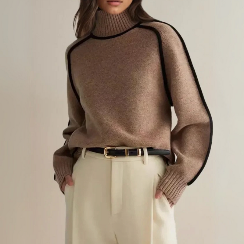 Clarissa | Women's Winter Sweater – Turtleneck with Contrast Piping, Brown