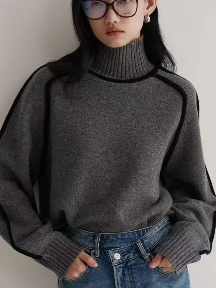 Clarissa | Women's Winter Sweater – Turtleneck with Contrast Piping, Brown view 10