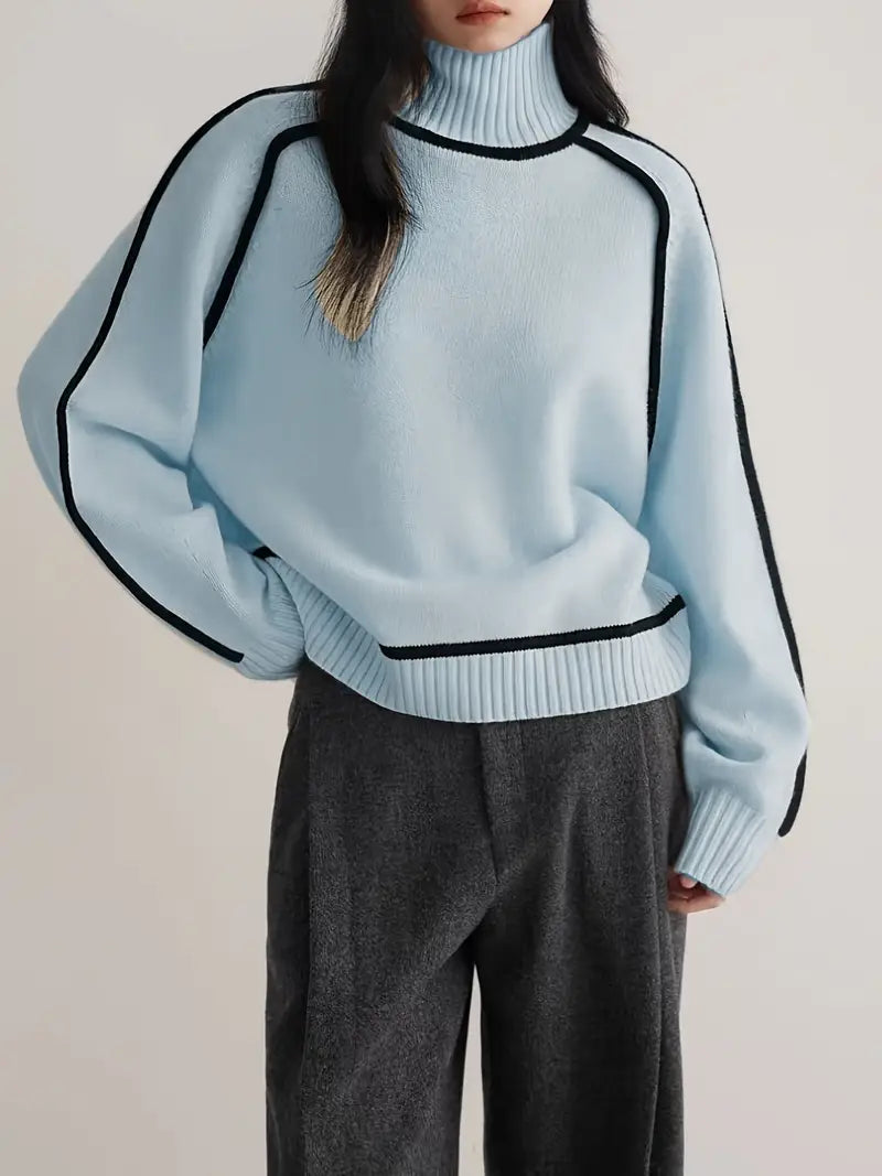 Clarissa | Women's Winter Sweater – Turtleneck with Contrast Piping, Brown view 11