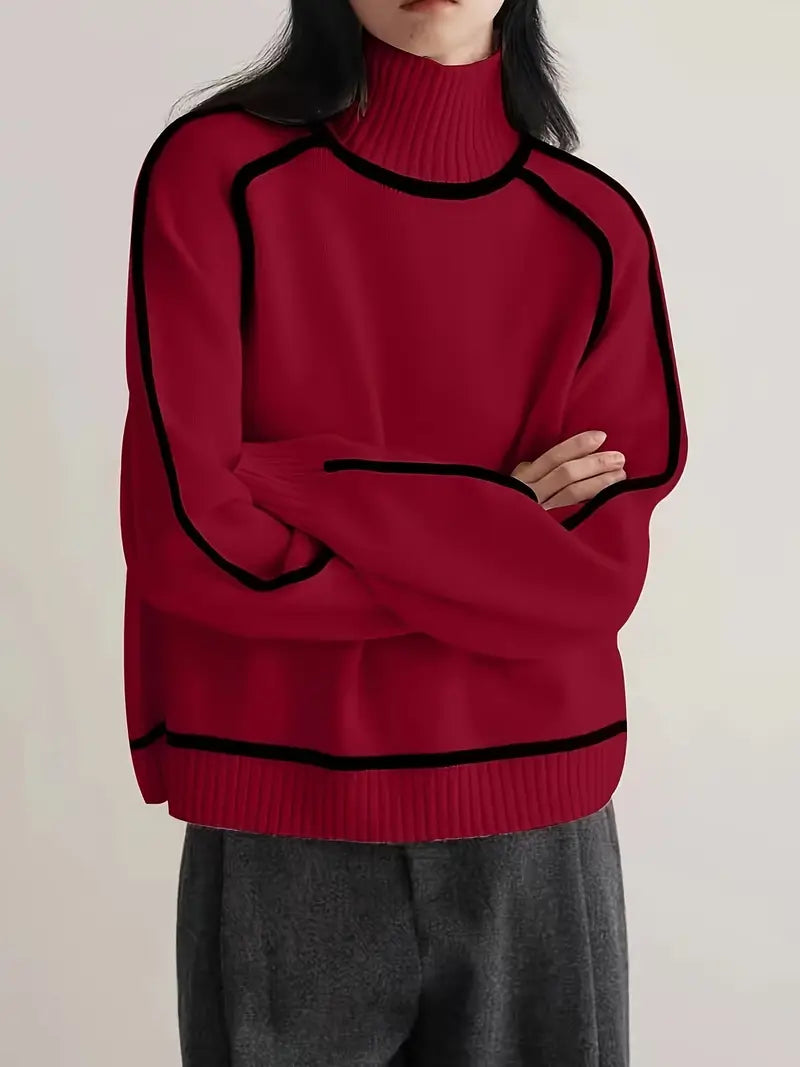 Clarissa | Women's Winter Sweater – Turtleneck with Contrast Piping, Brown view 12