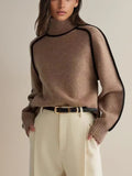 Clarissa | Women's Winter Sweater – Turtleneck with Contrast Piping, Brown