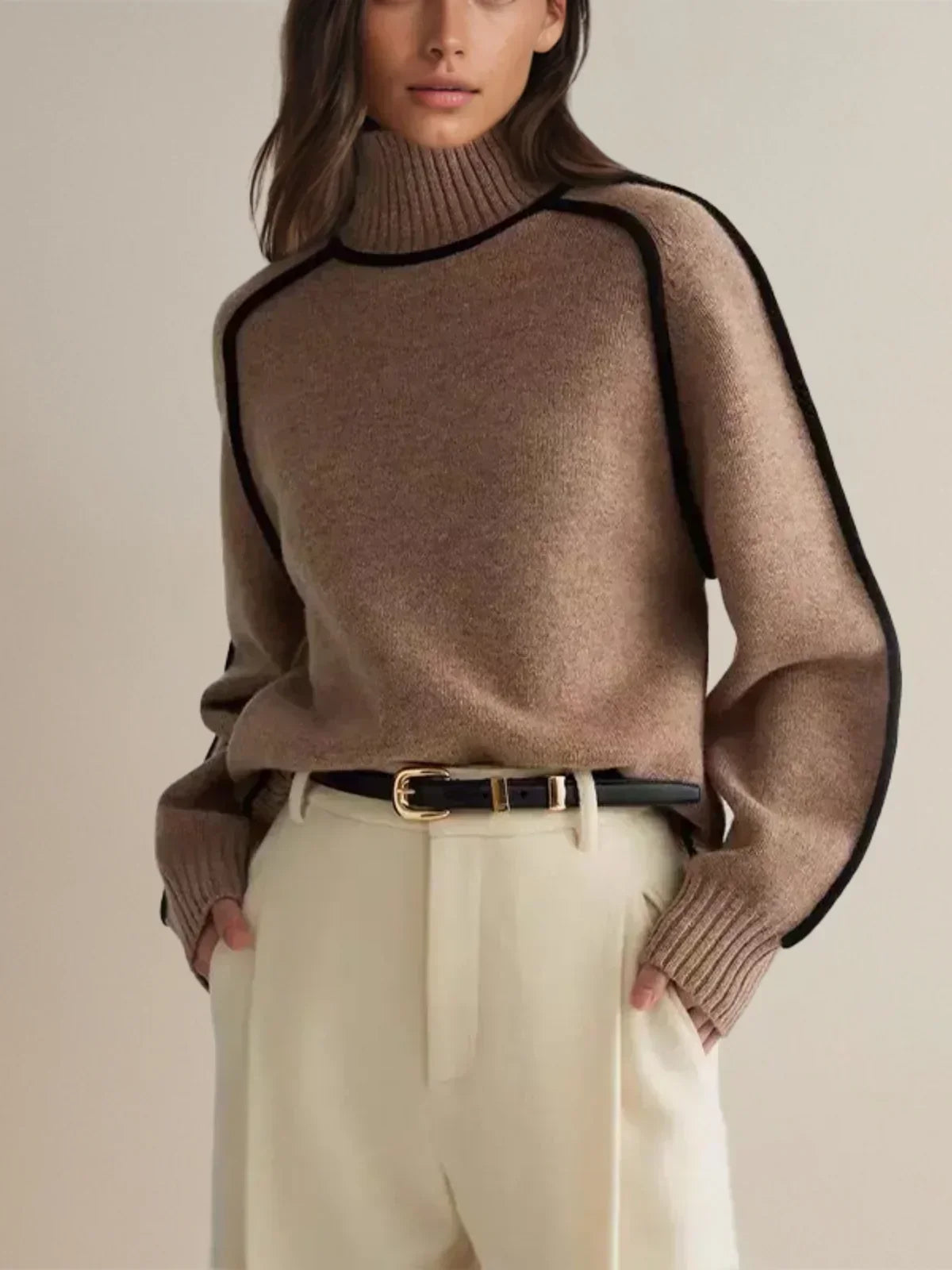 Clarissa | Women's Winter Sweater – Turtleneck with Contrast Piping, Brown